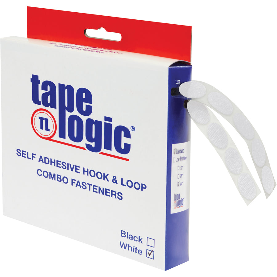 Reliable 3/4" white hook and loop dots with rubber-based adhesive engineered for both high and low temperature environments. This hook & loop combo pack delivers weather-resistant performance across demanding packing line operations. Case of 200 dots keeps your case sealing and dispenser workflows running continuously.