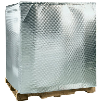 Protect temperature-sensitive goods during transit with this 48" x 40" x 48" Cool Barrier Bubble Pallet Cover featuring aluminum foil exterior and 3/16" bubble lining. Maintains integrity in humid conditions and handles food-grade shipments with confidence. Case includes 5 covers; simply wrap pallet and secure with stretch film.