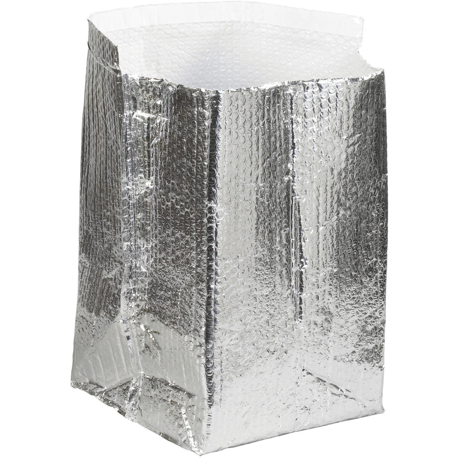 Create professional insulated shipping containers with these leak-resistant 12x12x12 box liners. Features aluminum foil exterior with 3/16" bubble lining for superior thermal protection and product integrity. One-piece gusseted design sets up in seconds–sold as a case of 25 liners.