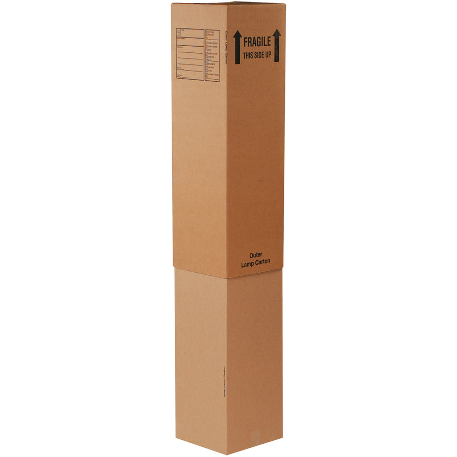 ECT-32 single-wall corrugated lamp boxes sized 12" √ó 12" √ó 46" deliver adjustable, custom-fit protection for lamps, mirrors, artwork, and other fragile items. Pre-printed with fragile warnings, "This Side Up" arrows, and write-on destination panels. Sold flat in bundles of 15 for maximum freight efficiency.