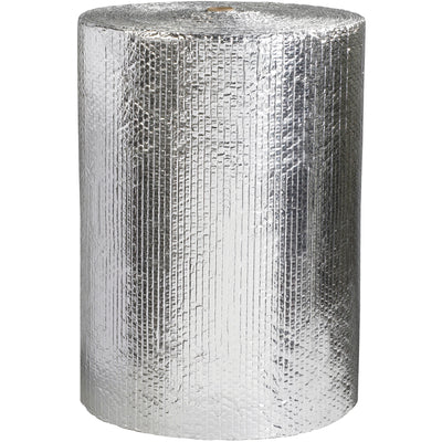 Protect temperature-sensitive goods with this 24" x 125' cool barrier bubble roll featuring aluminum foil exterior and 3/16" bubble cushioning. Provides dual protection: thermal insulation via radiant heat reflection plus shock absorption for fragile items. FDA-compliant material safe for food contact.