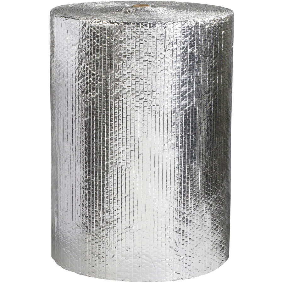 Protect temperature-sensitive goods with this 24" x 125' cool barrier bubble roll featuring aluminum foil exterior and 3/16" bubble cushioning. Provides dual protection: thermal insulation via radiant heat reflection plus shock absorption for fragile items. FDA-compliant material safe for food contact.