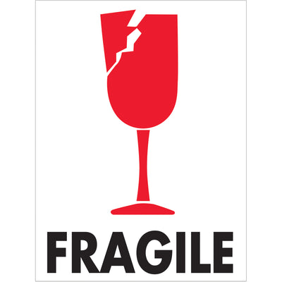 Professional 3x4" Fragile labels recognized across international borders for safe handling compliance. Semi-gloss coated paper construction ensures durability and visibility on any shipping container. 500-label roll with compatible tabletop and wall-mount dispensers for warehouse efficiency.