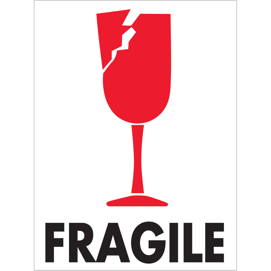 Professional 3x4" Fragile labels recognized across international borders for safe handling compliance. Semi-gloss coated paper construction ensures durability and visibility on any shipping container. 500-label roll with compatible tabletop and wall-mount dispensers for warehouse efficiency.