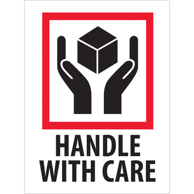 ISO-recognized Handle With Care labels measuring 3" x 4" printed on durable semi-gloss coated paper. Sold as roll of 500 labels. Compliant with international shipping regulations and recognized across multiple countries for safe-handling visibility during transit and storage.
