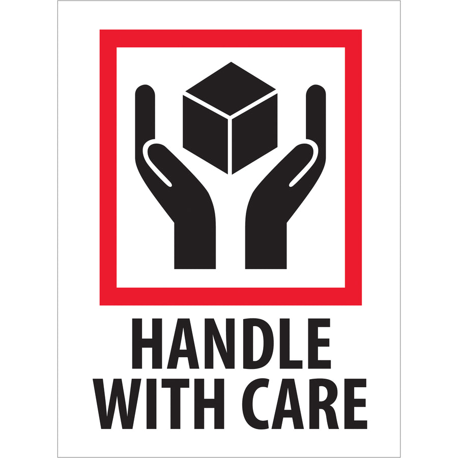 ISO-recognized Handle With Care labels measuring 3" x 4" printed on durable semi-gloss coated paper. Sold as roll of 500 labels. Compliant with international shipping regulations and recognized across multiple countries for safe-handling visibility during transit and storage.