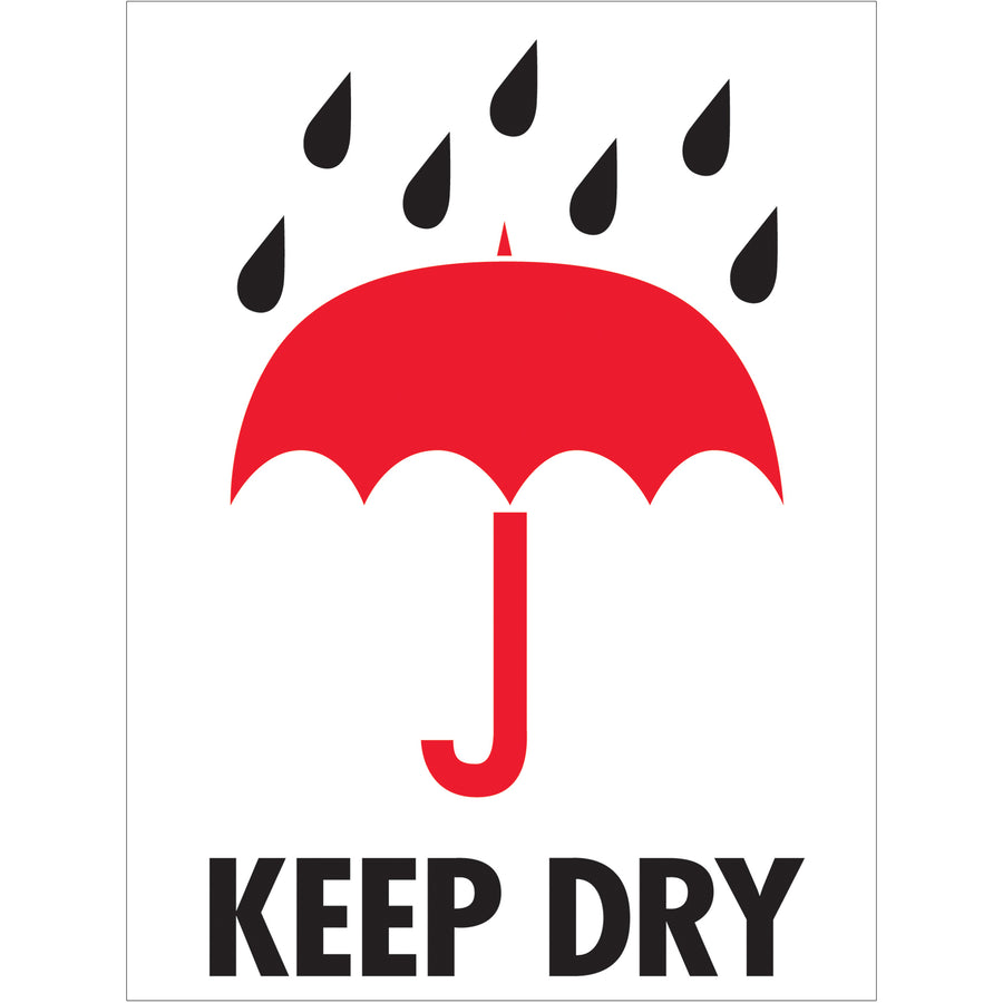 Ensure compliant international shipments with our 3" x 4" Keep Dry labels‚recognized across multiple countries for moisture-sensitive cargo. Printed on durable semi-gloss coated paper with bold red/white/black messaging. Each roll contains 500 labels, ready to dispense from your existing tabletop or wall-mount system.