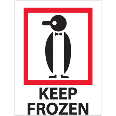 IATA and globally recognized Keep Frozen shipping labels in 3" x 4" format printed on durable semi-gloss coated paper. Each roll contains 500 labels designed for frozen product compliance across international logistics networks. Compatible with all major tabletop and wall-mounted dispensers for seamless warehouse integration.
