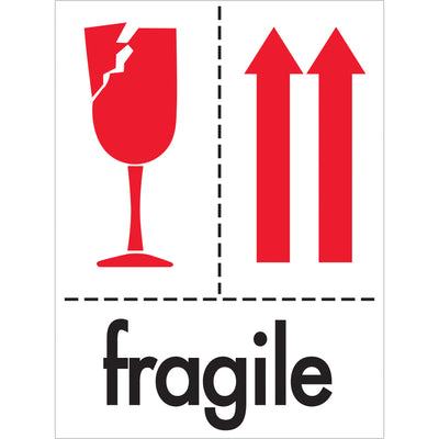 Professional 3x4" fragile labels recognized across international shipping jurisdictions. Semi-gloss coated paper ensures durability through handling and storage. Roll of 500 labels with compatible tabletop and wall-mount dispensers available for streamlined warehouse operations.