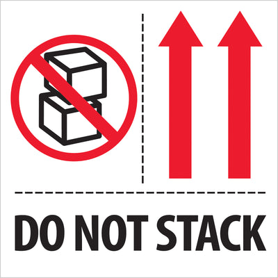 Meet international shipping compliance standards with these 4x4" Do Not Stack labels printed on durable semi-gloss coated paper. Recognized across multiple countries, this roll of 500 labels ensures your fragile shipments receive proper handling throughout transit. Compatible with table-top and wall-mount dispensers for easy workplace deployment.