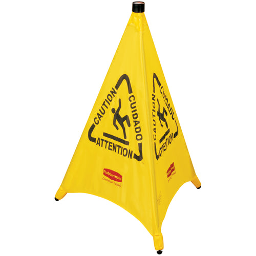 OSHA-compliant wet floor sign that collapses for compact storage and deploys in seconds. Durable fabric construction withstands repeated handling in high-traffic commercial environments. Multilingual imprinting (English, French, Spanish) with international slip-and-fall symbol on all three sides ensures workplace safety compliance across diverse facilities.