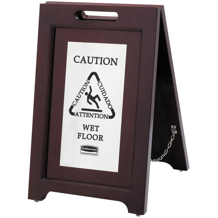 Professional 24" x 15" wooden wet floor caution sign with multilingual messaging (English, Spanish, French) and international slip-and-fall safety symbol. Features durable hardwood construction with stainless steel plaque, non-slip rubber feet, integrated carry handle, and compact folding design for convenient storage and transport.