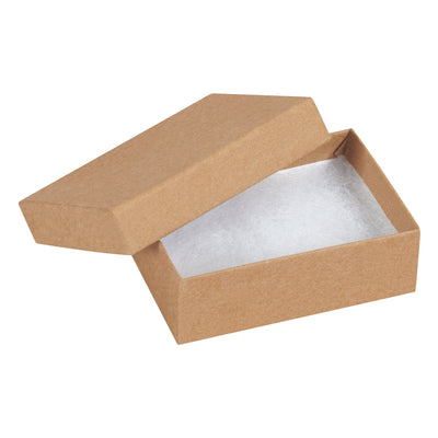Save assembly time with fully constructed kraft jewelry boxes featuring rigid fibreboard construction and pre-filled jeweler's cotton. Each case of 100 measures 3 1/16" x 2 1/8" x 1"–the perfect size for earrings and small retail items. Meets shipping compliance standards for secure product protection.
