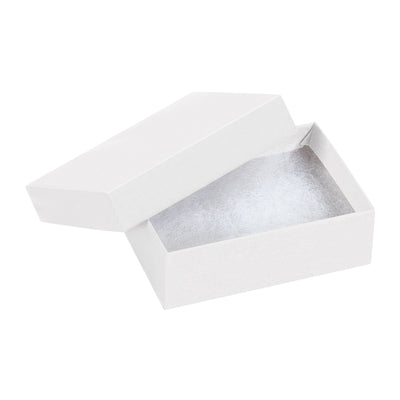 Save assembly time with fully assembled white rigid fibreboard jewelry boxes in bulk. Each 3 1/16" x 2 1/8" x 1" box arrives pre-filled with non-tarnishing jeweler's cotton, ready to pack. Order a case of 100 and reduce per-unit costs while ensuring premium presentation for earrings and delicate small items.