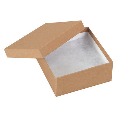 Save time with fully assembled kraft jewelry boxes ready to ship. These 3.5" x 3.5" x 1.5" rigid fibreboard retail boxes come pre-filled with non-tarnishing jeweler's cotton and arrive in cases of 100–the cost-effective solution for bracelets and small retail items.
