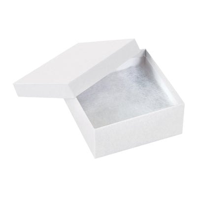 Save time with fully assembled white jewelry boxes ready to ship. These rigid fibreboard cartons measure 3.5" x 3.5" x 1.5" and come packed 100 per case with jeweler's cotton lining. High-quality two-piece construction protects bracelets, rings, and small retail items during storage and shipment.