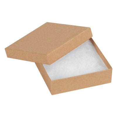 Professional-grade kraft jewelry boxes designed for retail and shipping excellence. Each 3.5x3.5x1" box features rigid fibreboard construction and pre-filled with non-tarnishing jeweler's cotton. Buy by the case of 100 and eliminate assembly time while protecting your products.