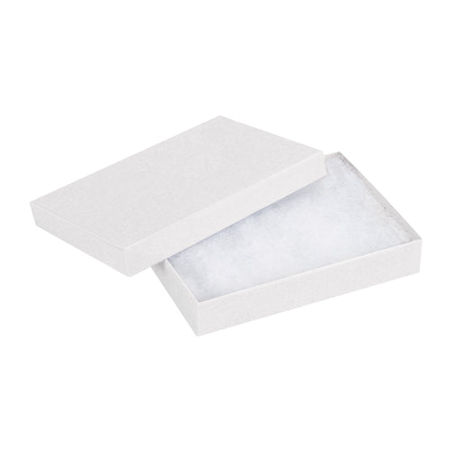 Fully assembled white jewelry boxes built from rigid fibreboard with non-tarnishing jeweler's cotton fill‚ready to ship in a case of 100. These 5.25