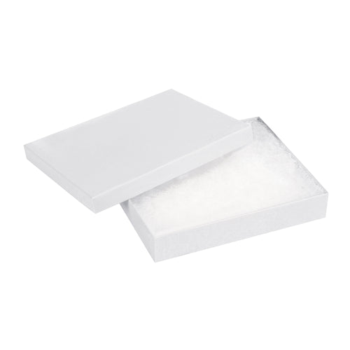 Save assembly time with fully assembled 6x5x1 white jewelry boxes constructed from rigid fibreboard. Each case includes 50 two-piece boxes pre-filled with non-tarnishing jeweler's cotton‚perfect for retail necklaces and premium small items. Durable chipboard cartons designed for professional presentation and secure shipping.