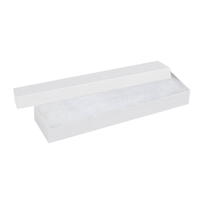 Ship-ready white jewelry boxes designed for retailers and e-commerce sellers moving watches, bracelets, and fine accessories. Each 8x2x7/8" rigid fibreboard box arrives fully assembled with jeweler's cotton padding–100 boxes per case, zero setup time required.