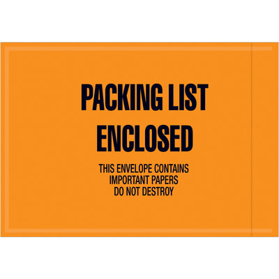 Keep shipping documents safe and visible with pre-printed "Packing List Enclosed" envelopes. These 4.5" x 6" orange 2 mil poly envelopes ship in a case of 1,000 units and provide reliable document protection throughout the shipping cycle. Adhesive seal ensures contents stay secure and organized.