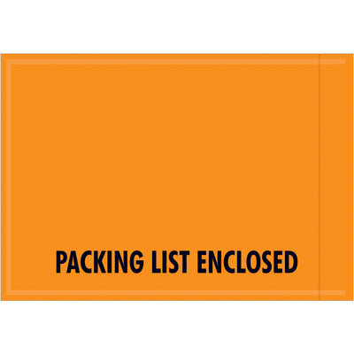 Professional-grade 4.5" x 6" packing list envelopes with pre-printed messaging protect invoices and shipping documents from moisture and damage during transit. Orange color ensures maximum visibility on packages. Ships as case of 1000, 2 mil polyethylene construction.
