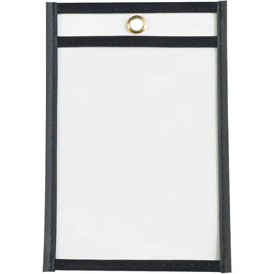 Durable 4x6" black vinyl job ticket holders protect work orders and production documents with crystal-clear visibility on both sides. Taped and stitched edges extend product life and withstand high-volume shop environments. Convenient metal eyelet for easy hanging; sold as a case of 25.