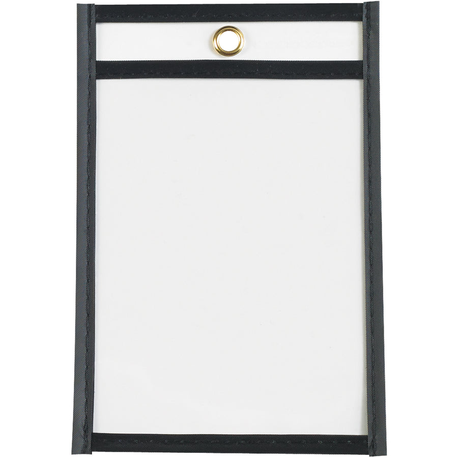 Durable 4x6" black vinyl job ticket holders protect work orders and production documents with crystal-clear visibility on both sides. Taped and stitched edges extend product life and withstand high-volume shop environments. Convenient metal eyelet for easy hanging; sold as a case of 25.