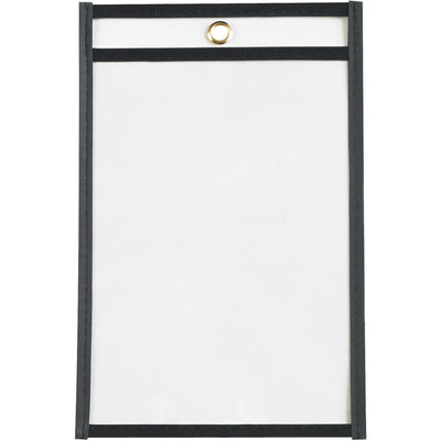 Protect and organize work orders, production papers, and inventory cards with these durable 5x8" vinyl job ticket holders. Taped and stitched black edges extend product life while clear both sides ensure easy document visibility. Includes convenient metal eyelet for hanging‚sold as a case of 25.