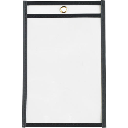 Protect and organize work orders, production papers, and inventory cards with these durable 5x8" vinyl job ticket holders. Taped and stitched black edges extend product life while clear both sides ensure easy document visibility. Includes convenient metal eyelet for hanging–sold as a case of 25.