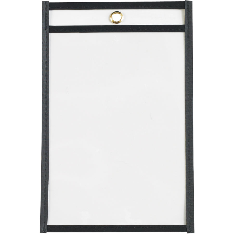 Protect and organize work orders, production papers, and inventory cards with these durable 5x8" vinyl job ticket holders. Taped and stitched black edges extend product life while clear both sides ensure easy document visibility. Includes convenient metal eyelet for hanging‚sold as a case of 25.