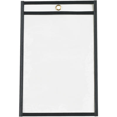 Protect and organize work orders, production papers, and inventory cards with these durable 6x9" black vinyl job ticket holders. Clear both sides allow easy document visibility, while taped and stitched edges ensure extended product life. Convenient metal eyelet at top for hanging. Sold as case of 25.