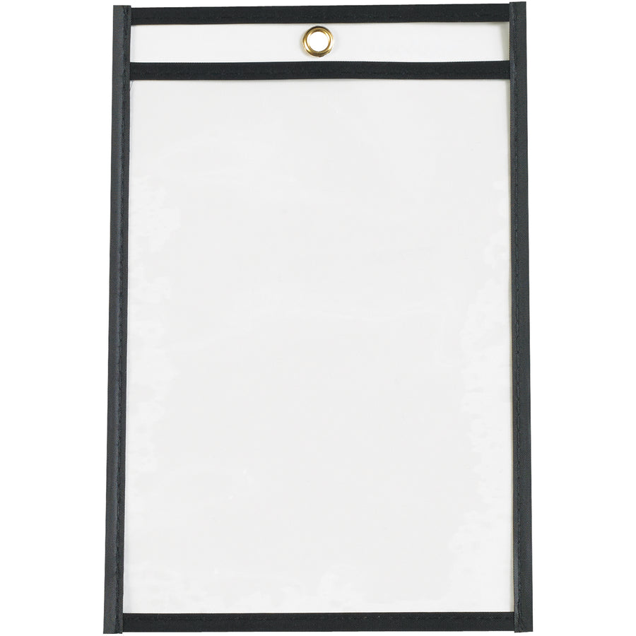 Protect and organize work orders, production papers, and inventory cards with these durable 6x9" black vinyl job ticket holders. Clear both sides allow easy document visibility, while taped and stitched edges ensure extended product life. Convenient metal eyelet at top for hanging. Sold as case of 25.