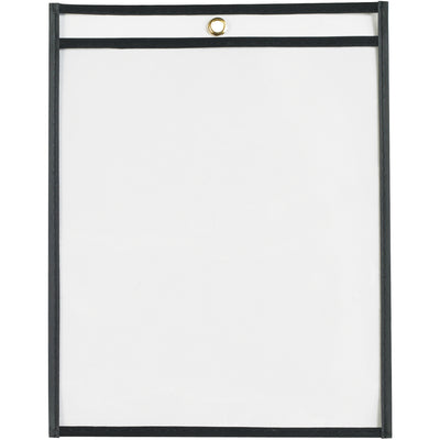 Protect and display work orders, production papers, and inventory cards with these durable 8.5x11" black vinyl job ticket holders. Taped and stitched edges provide extended product life, while crystal-clear both sides allow quick document visibility without removal. Convenient metal eyelet for hanging‚case of 25 units.