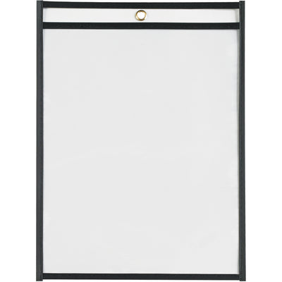 Organize and protect work orders, production papers, and inventory cards with these durable 9x12" black vinyl job ticket holders. Featuring clear both sides for easy document visibility, taped and stitched edges for extended life, and a convenient metal eyelet for hanging. Sold by the case of 25.