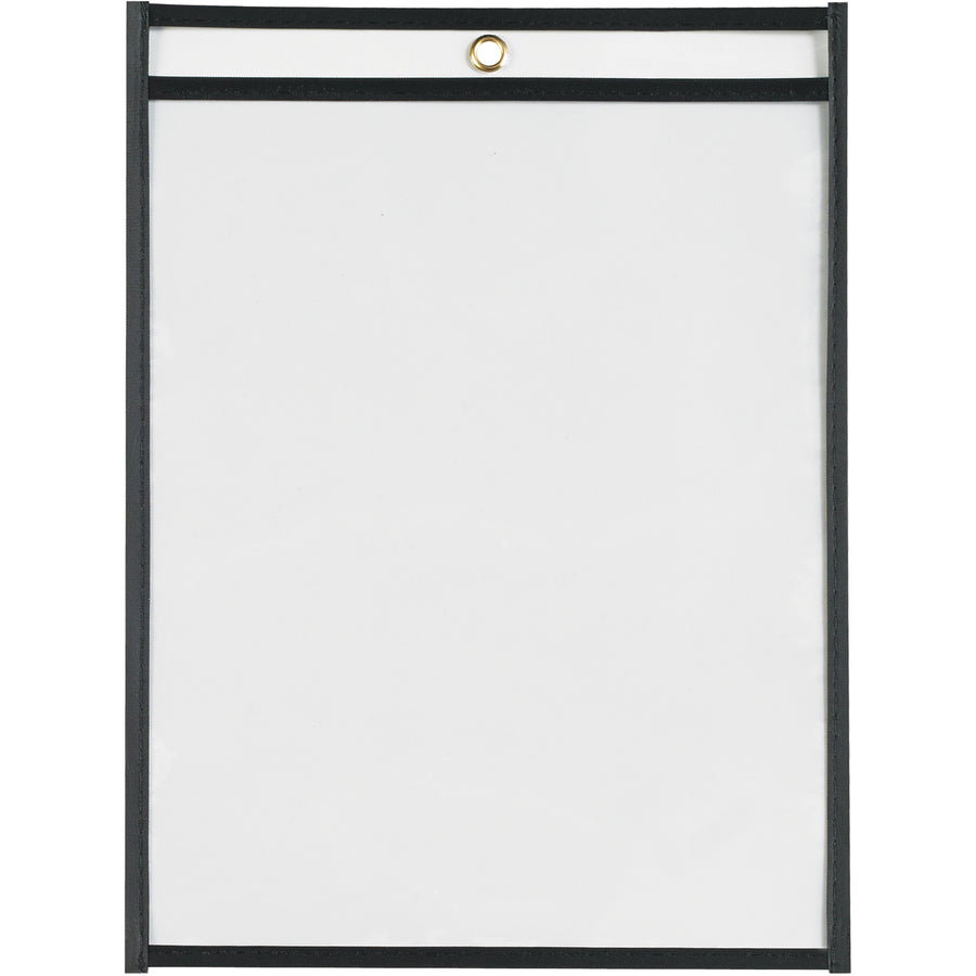 Organize and protect work orders, production papers, and inventory cards with these durable 9x12" black vinyl job ticket holders. Featuring clear both sides for easy document visibility, taped and stitched edges for extended life, and a convenient metal eyelet for hanging. Sold by the case of 25.