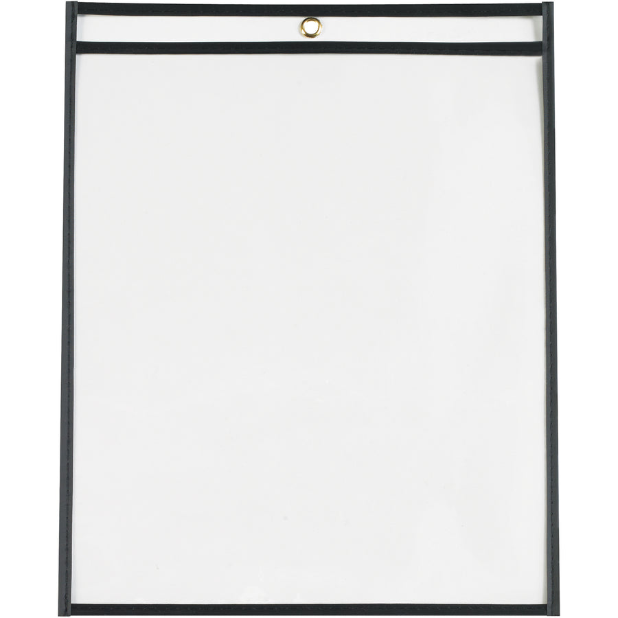 Protect and organize work orders, production papers, and inventory cards with these durable 11x14" black vinyl job ticket holders. Dual-sided clear visibility keeps documents visible while taped and stitched edges extend product life. Convenient metal eyelet for hanging‚sold by the case of 25.