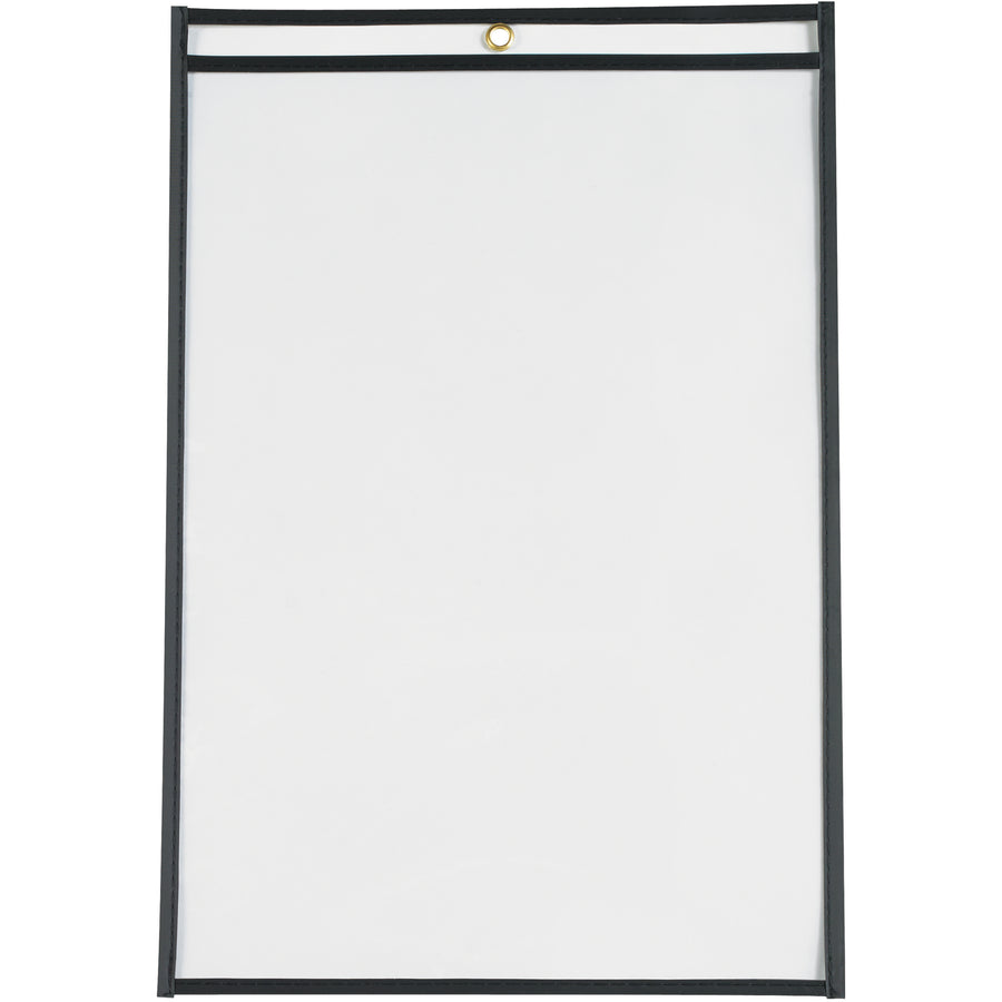 Protect and display work orders, production papers, and inventory cards with these durable 11x17" black vinyl job ticket holders. Featuring clear both-side visibility, taped and stitched reinforced edges, and a convenient metal eyelet for hanging‚sold as a case of 25 units for cost-effective document management.