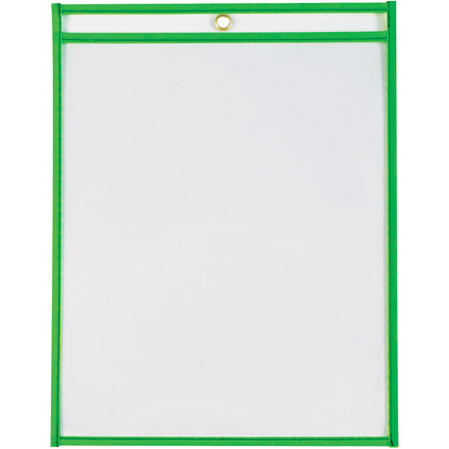 Keep job orders visible and protected with these 9x12" neon green vinyl job ticket holders. Clear on both sides for instant document visibility, reinforced stitched edges for durability, and a metal eyelet for easy hanging. Sold in cases of 15 units.