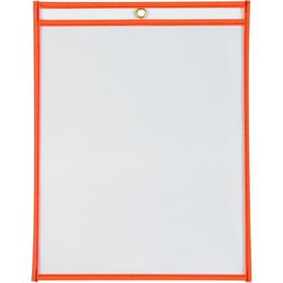 High-visibility neon orange vinyl job ticket holders keep work orders instantly visible on your shop floor. Each 9x12" envelope features reinforced stitched edges, clear both sides, and a metal eyelet for hanging. Durable, cost-effective document protection sold by the case of 15.
