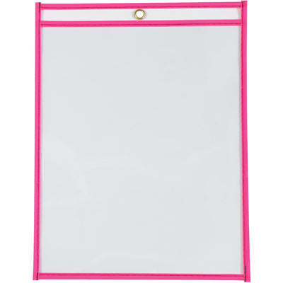 Keep shop paperwork organized and visible with these 9x12" neon pink vinyl job ticket holders. Sold as a case of 15 units featuring reinforced stitched edges, dual-sided clarity, and a metal eyelet for hanging. Rigid vinyl construction protects documents while maintaining easy document visibility on the production floor.