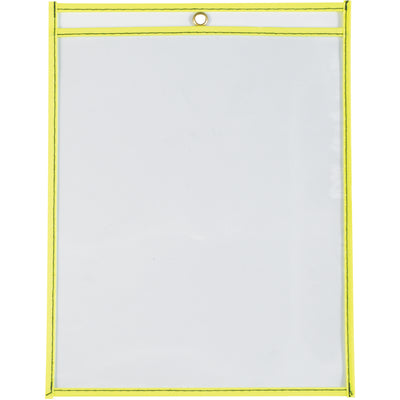 Protect and display job orders with high-visibility neon yellow vinyl holders. 9 x 12" clear vinyl envelopes feature reinforced stitched edges, metal eyelet for hanging, and bright neon trim for fast shop floor identification. Sold by the case of 15 units.