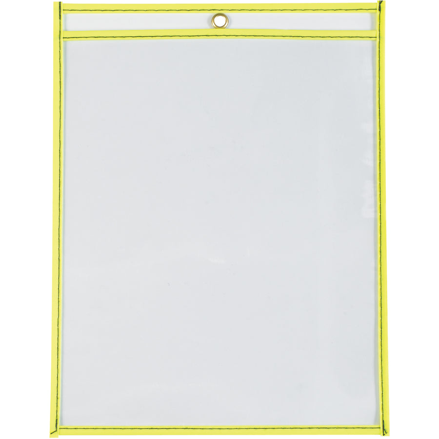 Protect and display job orders with high-visibility neon yellow vinyl holders. 9 x 12" clear vinyl envelopes feature reinforced stitched edges, metal eyelet for hanging, and bright neon trim for fast shop floor identification. Sold by the case of 15 units.