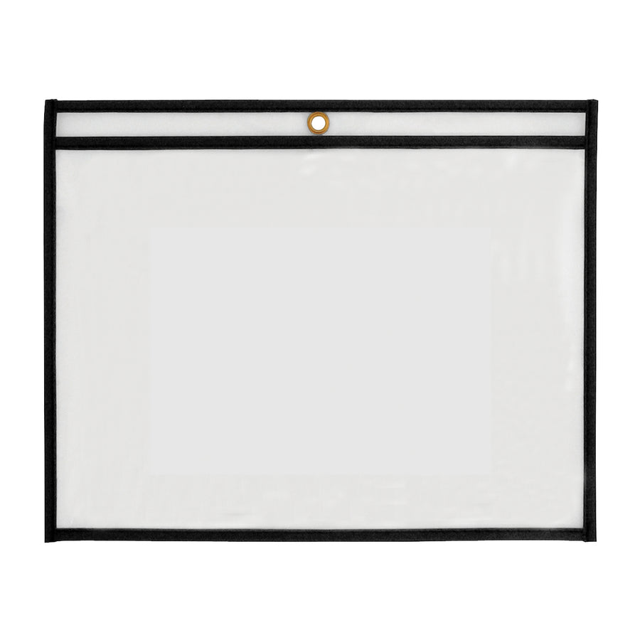 Protect and display work orders, production papers, and inventory cards with these 11x8.5" black vinyl job ticket holders. Featuring clear windows on both sides, taped and stitched edges for extended durability, and a convenient metal eyelet for hanging. Sold in cases of 25 units.