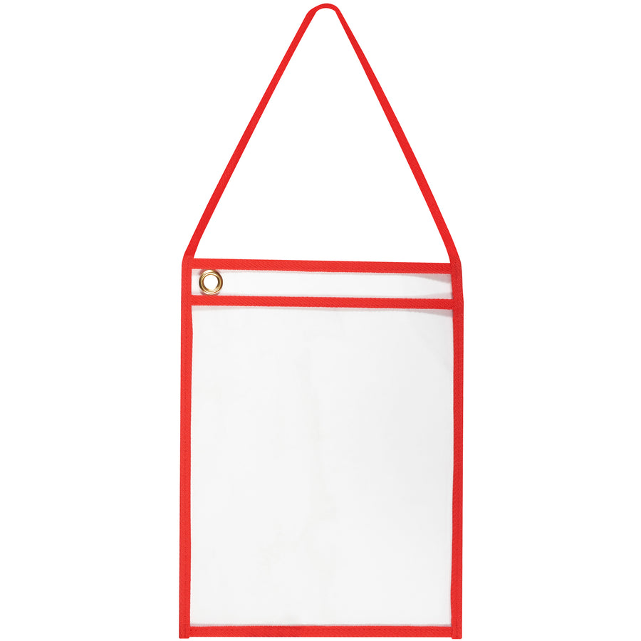 Heavy-duty 9x12" red vinyl job ticket holders featuring oversized metal eyelets and hanging straps for secure mounting on hooks, pegs, and machinery. Stitched construction and dual-side clarity ensure durability and visibility in demanding warehouse and shop environments. Sold by the case of 15 units.