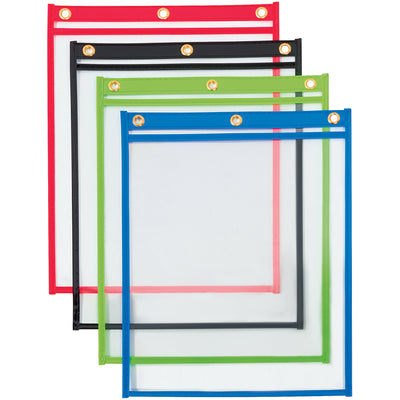 Keep production paperwork, work orders, and inventory cards protected and visible with these 9x12" heavyweight vinyl job ticket holders. Reinforced headers and stitched edges ensure durability in high-traffic shop environments. Pack of 20 assorted colors (red, black, green, blue) with metal eyelets for flexible hanging.