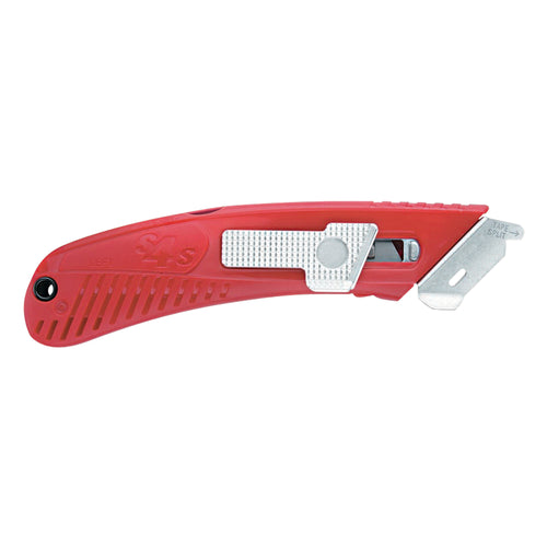 The S4SL¬Æ Spring-Back Safety Cutter (left-handed) features automatic blade retraction and a blunt safety tip to eliminate puncture wounds and merchandise damage. Includes 5-blade storage compartment and built-in bladeless tape splitter. Sold as a case of 12 metal/plastic cutters‚the efficient choice for high-volume shipping rooms and warehouse operations.