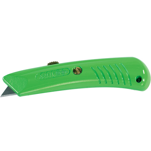 Professional-grade RSG-383 safety grip utility knives designed to eliminate slippage in high-volume shipping and warehouse environments. Die cast metal construction with non-slip ergonomic handles ensures reliable performance, and each case includes 10 knives plus KN212 Duratip safety blades for immediate use.