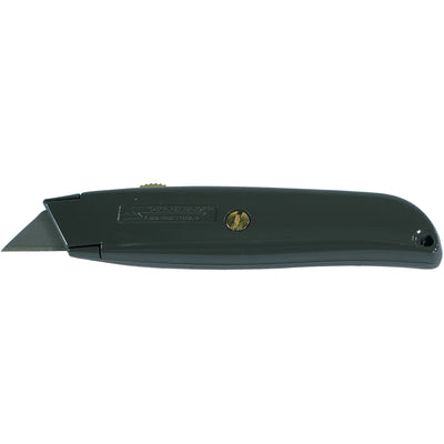 Heavy-duty die cast metal utility knife designed for shipping rooms and warehouses. Features ergonomic handle with overlock nose for superior blade stability and control. Each case includes 10 knives plus 30 replacement blades (KN210) for extended use.