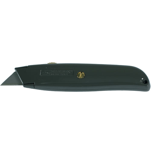 Heavy-duty die cast metal utility knife designed for shipping rooms and warehouses. Features ergonomic handle with overlock nose for superior blade stability and control. Each case includes 10 knives plus 30 replacement blades (KN210) for extended use.